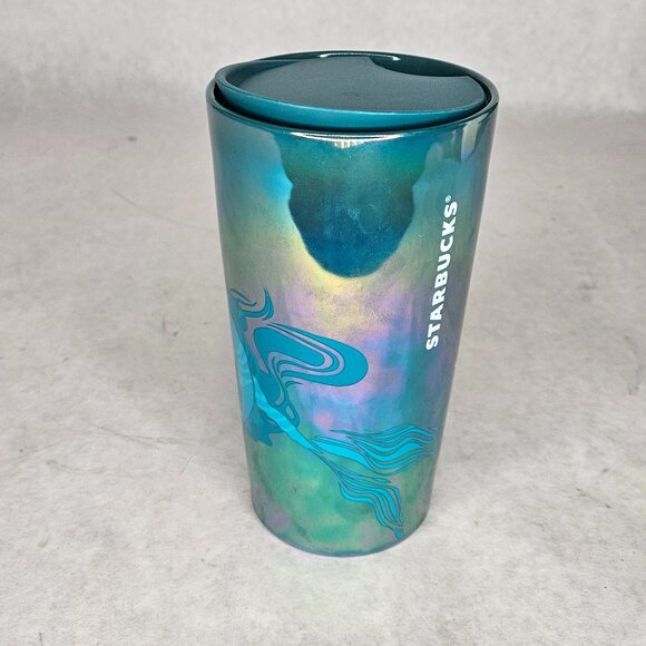 Starbucks Blue Green Siren Logo Iridescent Mermaid Ceramic Coffee Cup with Lid - Picture 1 of 8